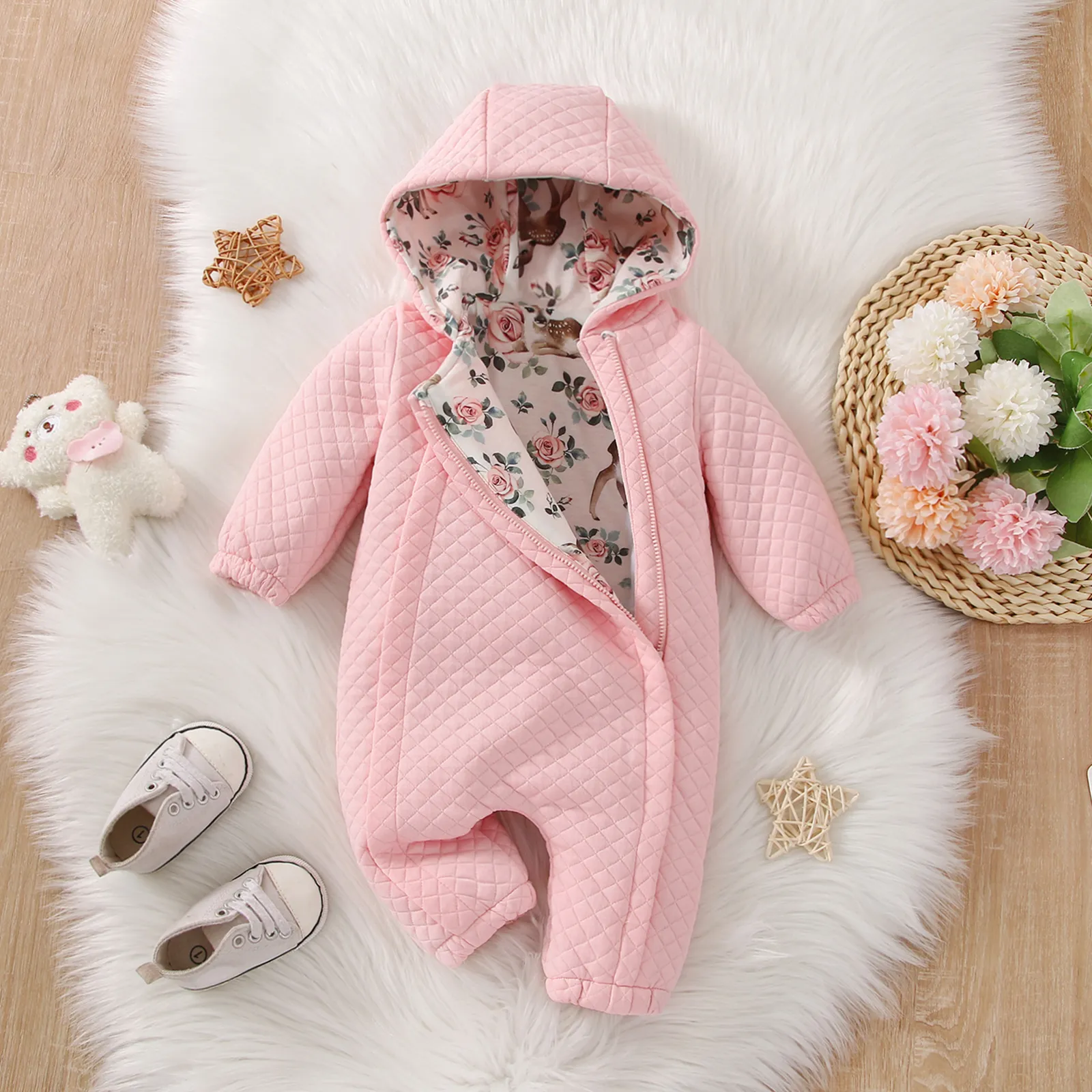

Baby Girl Floral Print Lined Thickened Quilted Hooded Long-sleeve Zipper Jumpsuit