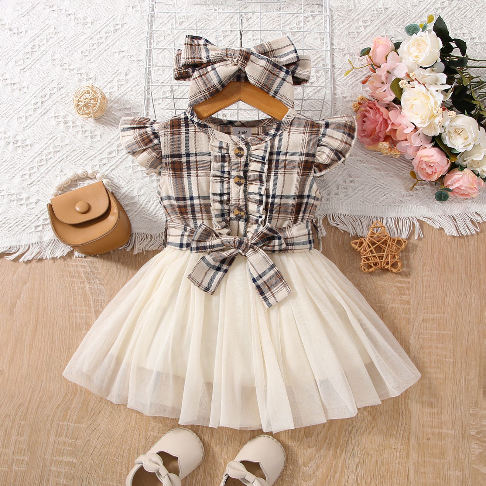 

2pcs Baby Girl 100% Cotton Plaid Flutter-sleeve Belted Mesh Dress & Headband Set