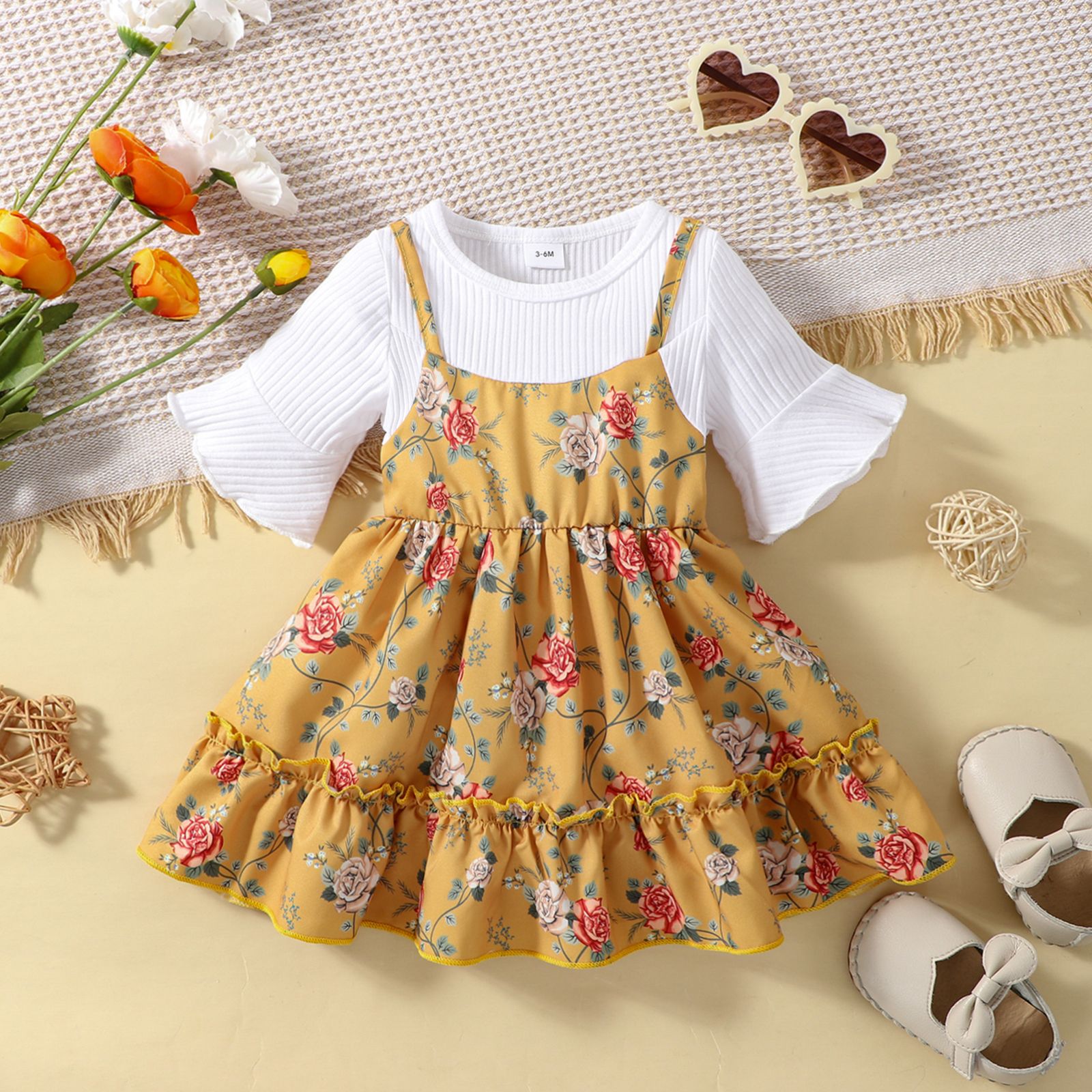 Baby Girl Floral Print Rib-knit 2 In 1 Dress