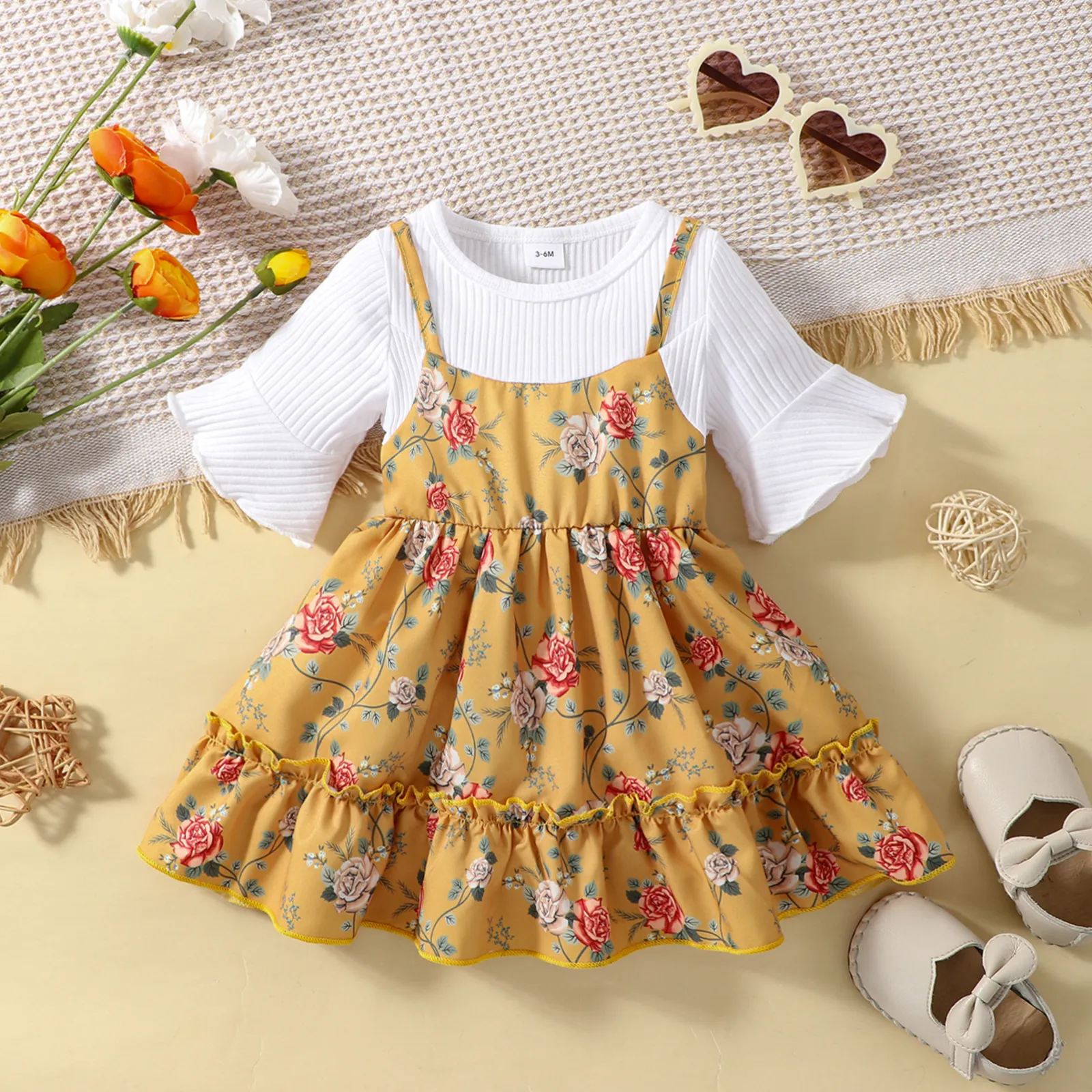 Baby Girl Floral Print Rib-knit 2 In 1 Dress Yellow big image 1