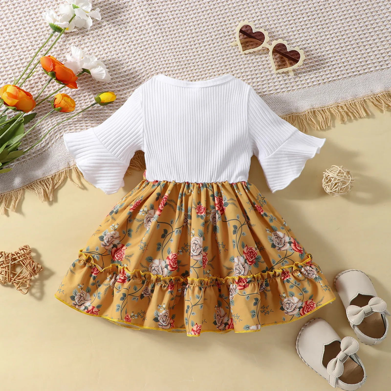Baby Girl Floral Print Rib-knit 2 In 1 Dress Yellow image 2