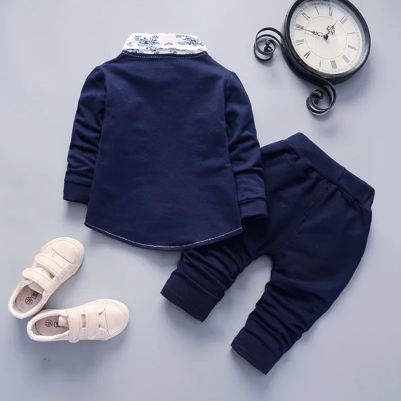 2pcs Baby Boy 95% Cotton Long-sleeve Faux-two Floral Print Top and Pants Set  image 2