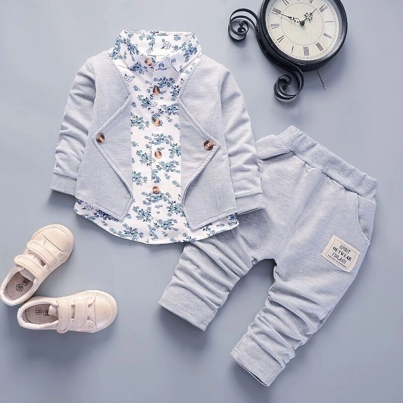 2pcs Baby Boy 95% Cotton Long-sleeve Faux-two Floral Print Top And Pants Set