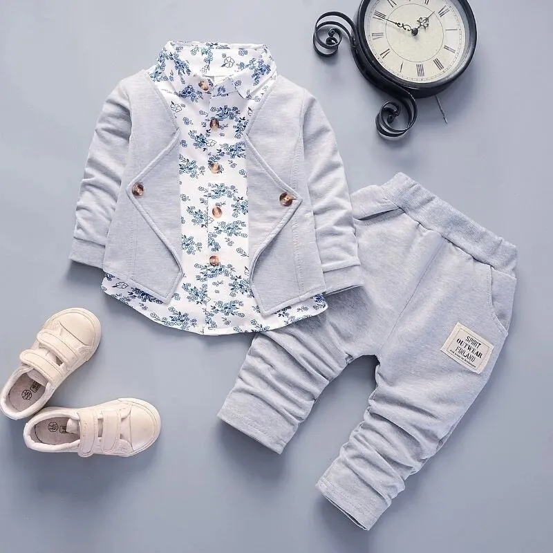 2pcs Baby Boy 95% Cotton Long-sleeve Faux-two Floral Print Top and Pants Set Light Grey