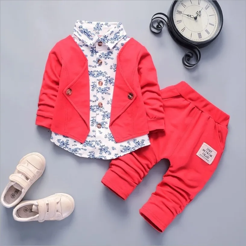 2pcs Baby Boy 95% Cotton Long-sleeve Faux-two Floral Print Top and Pants Set Red