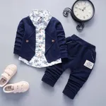 2pcs Baby Boy 95% Cotton Long-sleeve Faux-two Floral Print Top and Pants Set Royal Blue