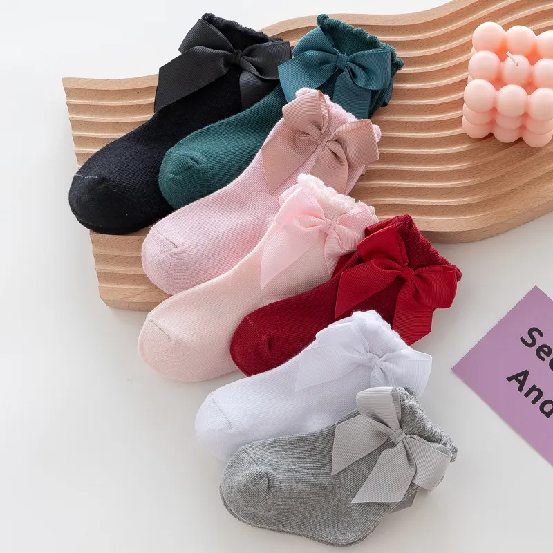 Calcetines de color sólido con decoración de lazo para bebé/niño pequeño/niño Gris big image 1