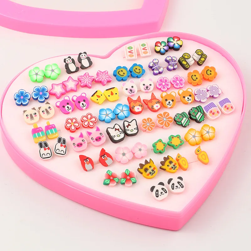 72-pack Flower Animal Cartoon Multi-style Cute Stud Earrings Sets for Girls (With Box, Random Patter