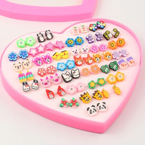 72-pack Flower Animal Cartoon Multi-style Cute Stud Earrings Sets for Girls (With Box, Random Pattern)