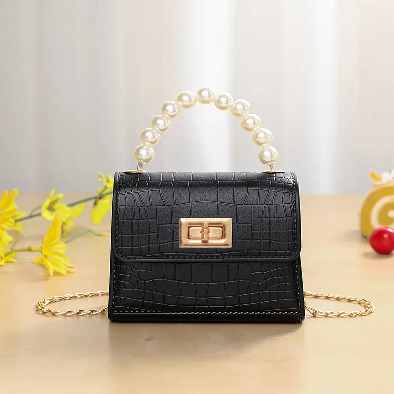 Toddler / Kid Embossed Faux Pearls Top Handle Satchel Handbag Crossbody Shoulder Bag Black