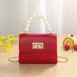 Toddler / Kid Embossed Faux Pearls Top Handle Satchel Handbag Crossbody Shoulder Bag Red