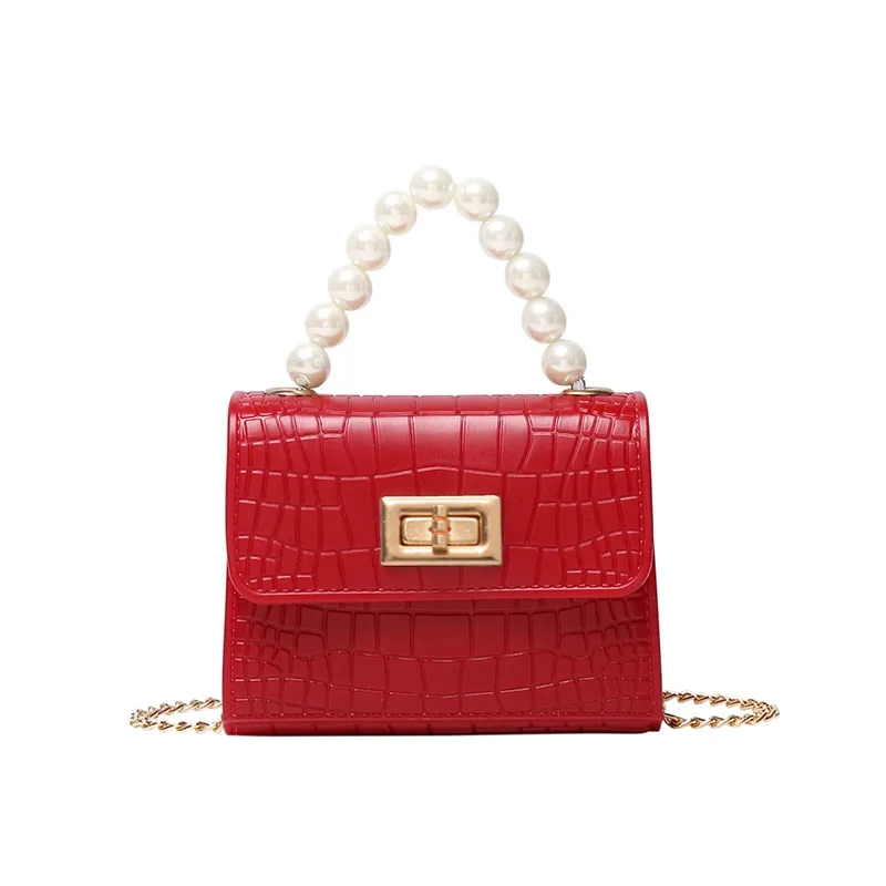 Toddler / Kid Embossed Faux Pearls Top Handle Satchel Handbag Crossbody Shoulder Bag Red image 3