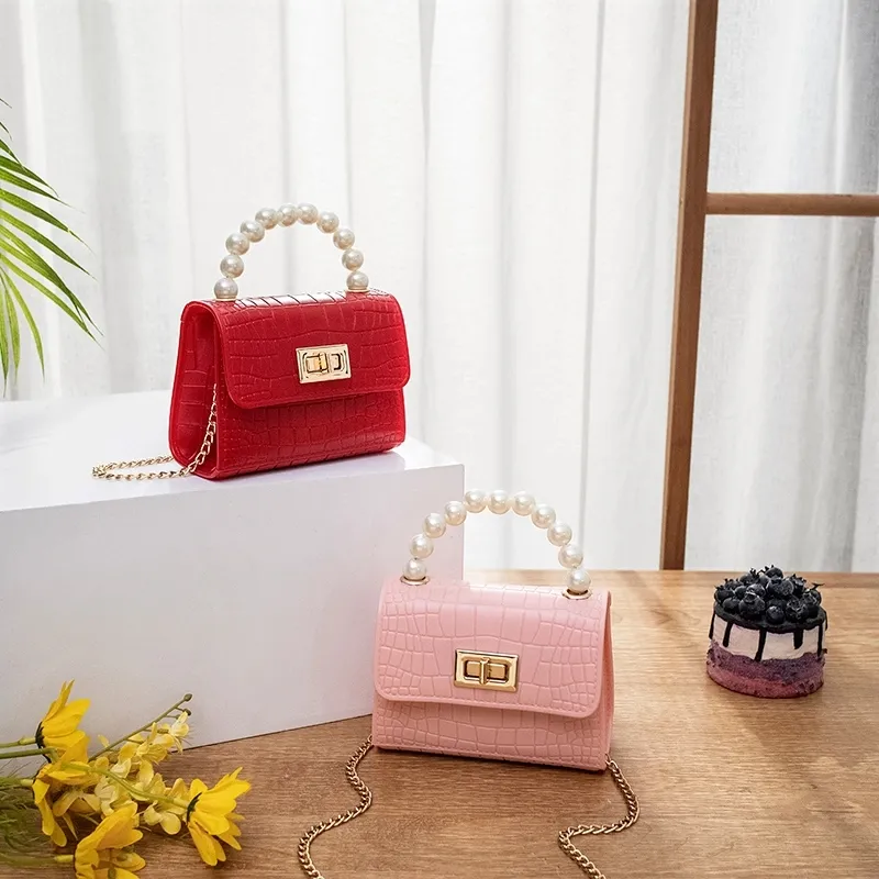 Toddler / Kid Embossed Faux Pearls Top Handle Satchel Handbag Crossbody Shoulder Bag Red image 4