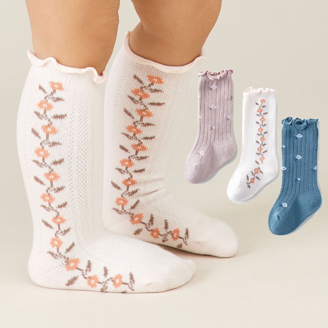 

3-pairs Baby Floral Print Frill Trim Crew Socks Set