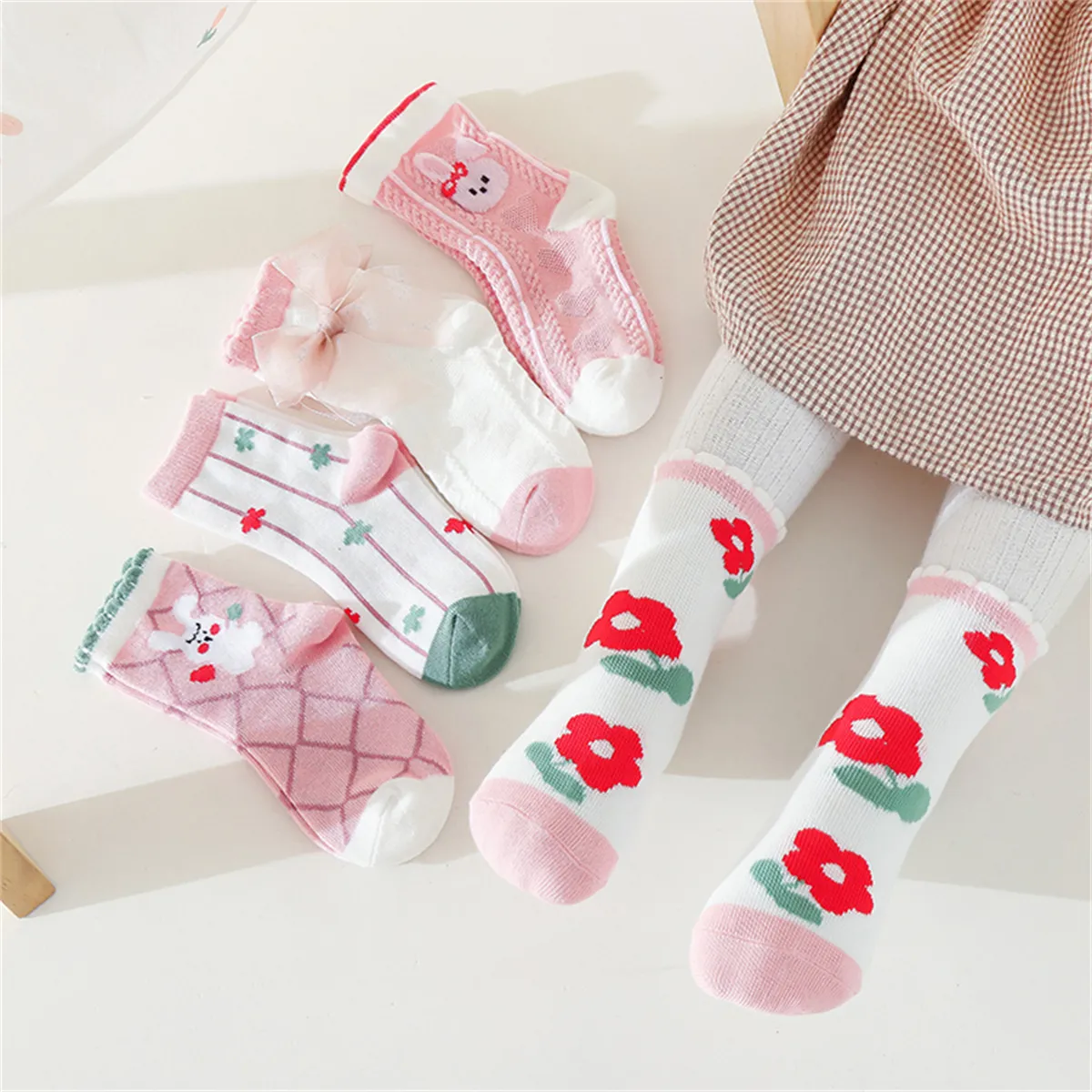 5-pairs Toddler / Kid Bow Decor Floral Pattern Socks Set