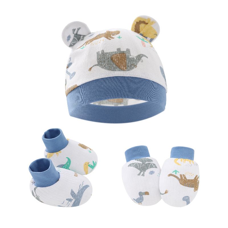 3Pcs 100% Cotton Baby Cartoon Animal Print Beanie Hat & Anti-scratch Glove & Socks Set