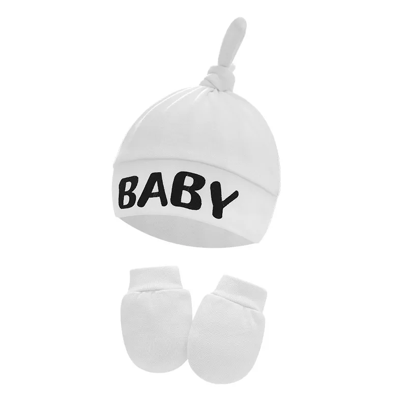 2-pack Baby 100% Cotton Letter Print Top Knot Beanie Hat & Anti-scratch Glove Set