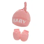 2-pack Baby 100% Cotton Letter Print Top Knot Beanie Hat & Anti-scratch Glove Set Dark Pink