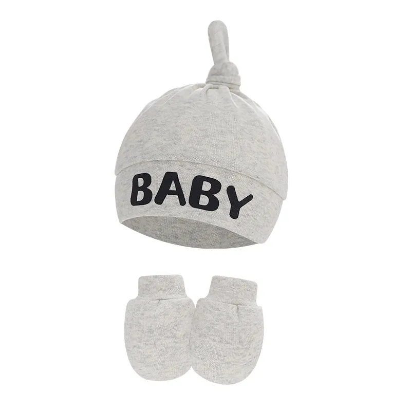 2-pack Baby 100% Cotton Letter Print Top Knot Beanie Hat & Anti-scratch Glove Set Light Grey