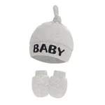 2-pack Baby 100% Cotton Letter Print Top Knot Beanie Hat & Anti-scratch Glove Set Light Grey