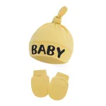 2-pack Baby 100% Cotton Letter Print Top Knot Beanie Hat & Anti-scratch Glove Set Yellow