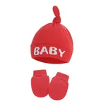 2-pack Baby 100% Cotton Letter Print Top Knot Beanie Hat & Anti-scratch Glove Set Red