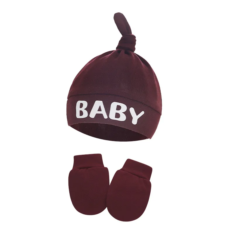 

2-pack Baby 100% Cotton Letter Print Top Knot Beanie Hat & Anti-scratch Glove Set