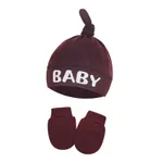 2-pack Baby 100% Cotton Letter Print Top Knot Beanie Hat & Anti-scratch Glove Set Burgundy