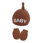 2-pack Baby 100% Cotton Letter Print Top Knot Beanie Hat & Anti-scratch Glove Set Khaki