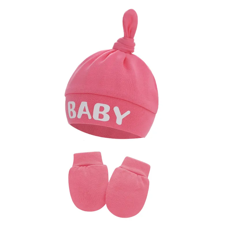 2-pack Baby 100% Cotton Letter Print Top Knot Beanie Hat & Anti-scratch Glove Set Hot Pink