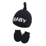 2-pack Baby 100% Cotton Letter Print Top Knot Beanie Hat & Anti-scratch Glove Set Black