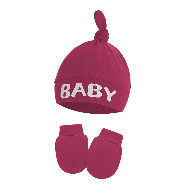 

2-pack Baby 100% Cotton Letter Print Top Knot Beanie Hat & Anti-scratch Glove Set