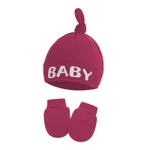 2-pack Baby 100% Cotton Letter Print Top Knot Beanie Hat & Anti-scratch Glove Set Rosy
