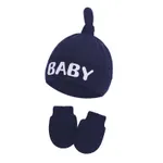 2-pack Baby 100% Cotton Letter Print Top Knot Beanie Hat & Anti-scratch Glove Set Dark Blue