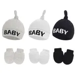 2-pack Baby 100% Cotton Letter Print Top Knot Beanie Hat & Anti-scratch Glove Set White image 4