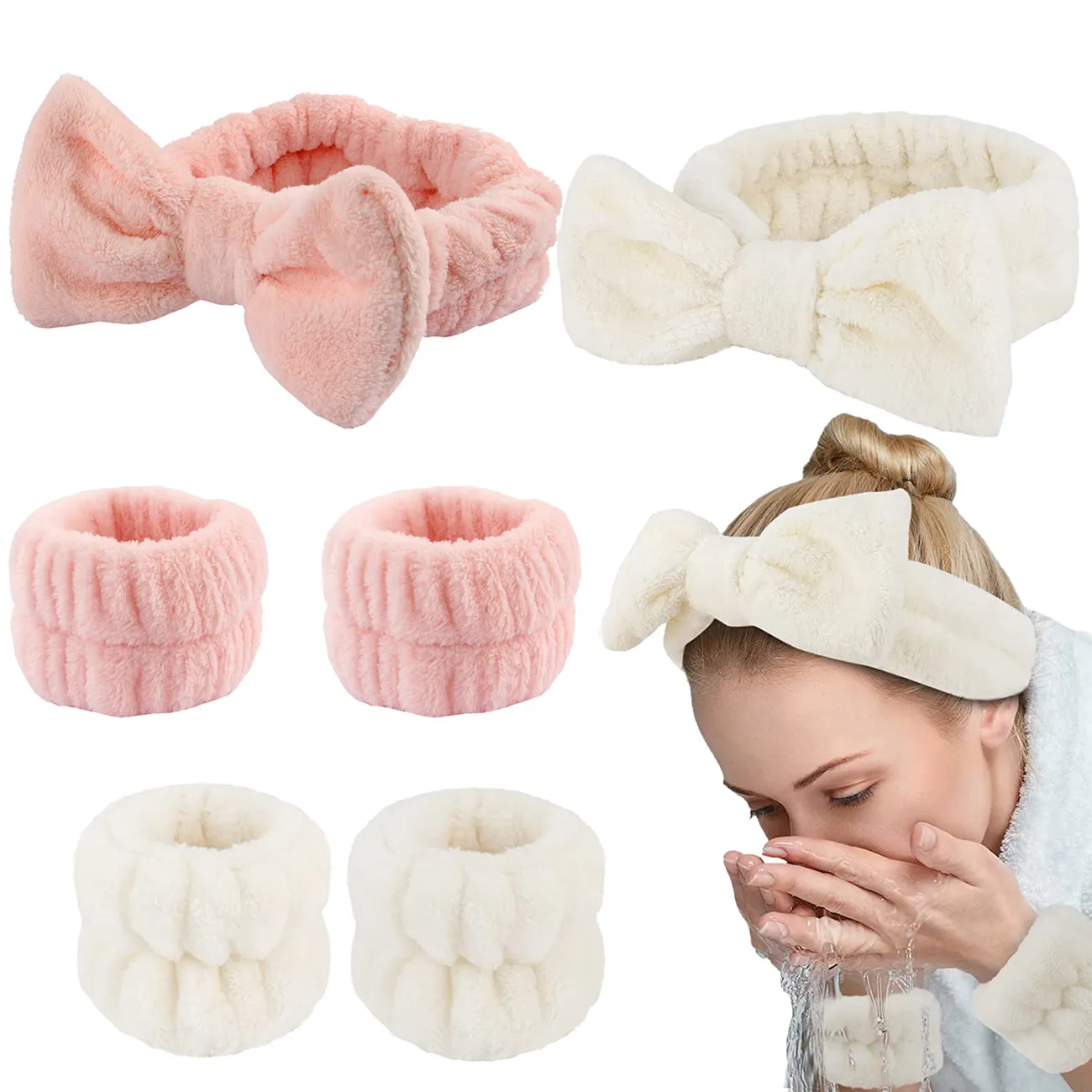 bow-embellished headband and wristlet set,flannel material, Soft and Comfortable,for Mommy and Me Creamy White big image 1