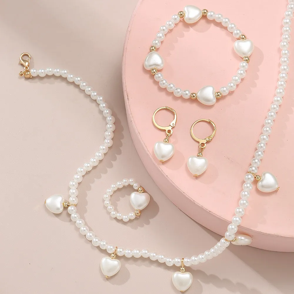 Conjunto de joias pérola para crianças, incluindo colar, pulseira, anel, brincos para menina Branco Cremoso big image 1