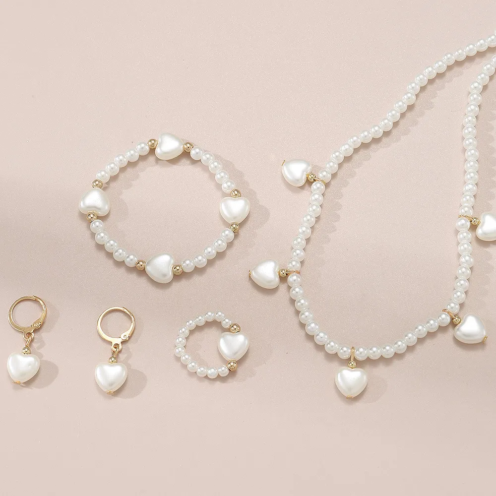 Ensemble de bijoux Kids Pearl, y compris collier, bracelet, bague, boucles d’oreilles pour fille Blanc Crémeux big image 1