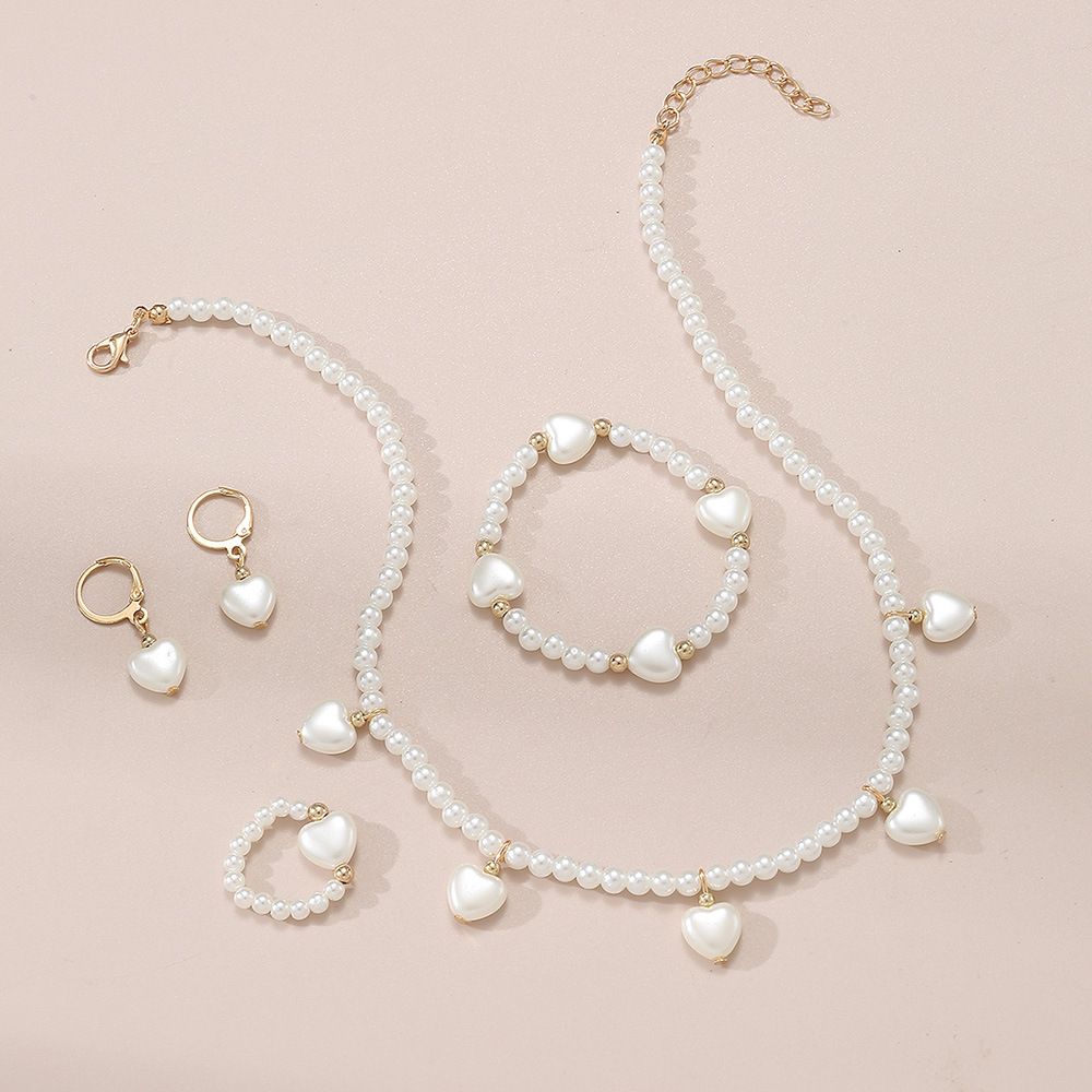 Kids Pearl Jewelry Set,  Including Necklace, Bracelet, Ring, Earrings For Girl