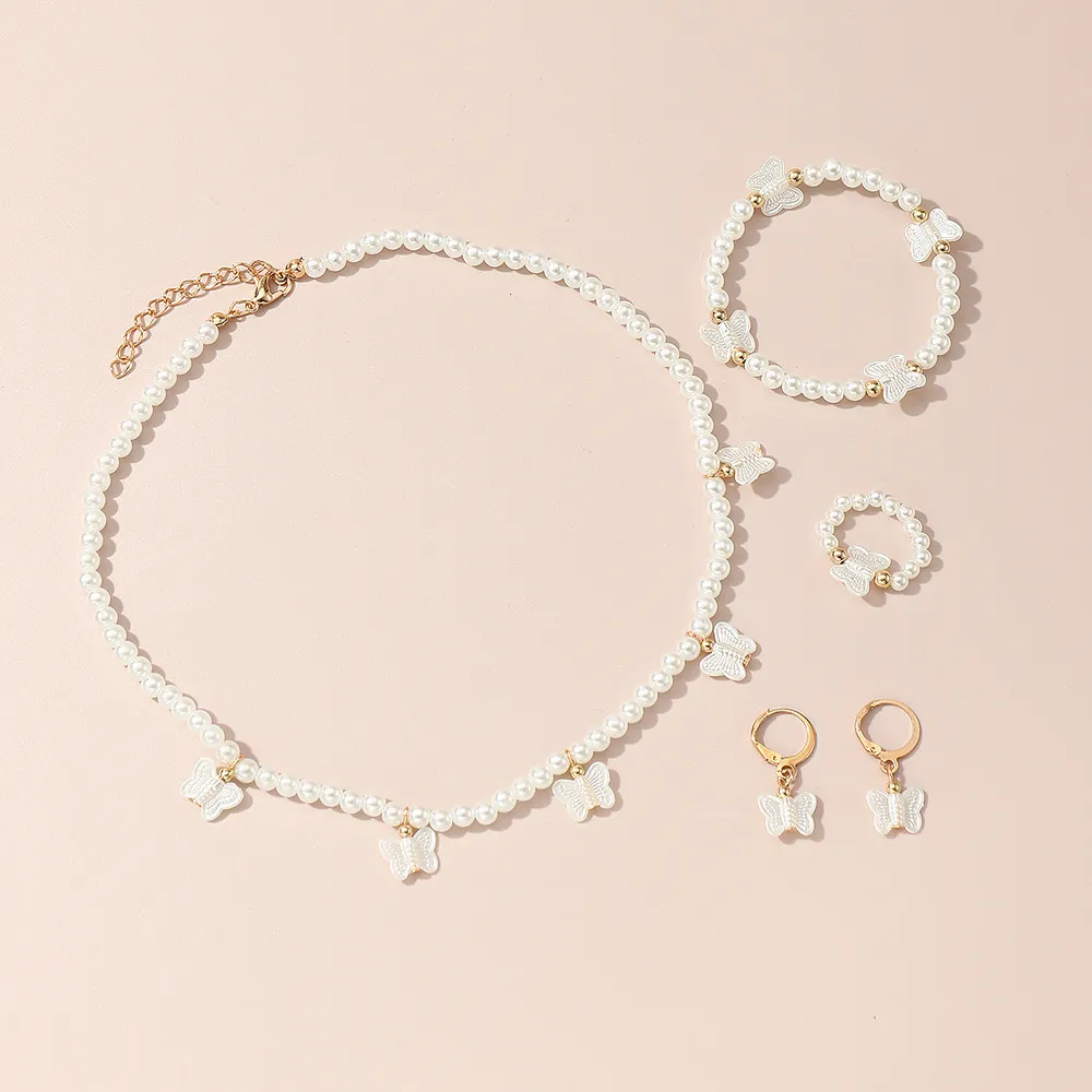 Kids Pearl jewelry set,  including necklace, bracelet, ring, earrings for Girl White image 2