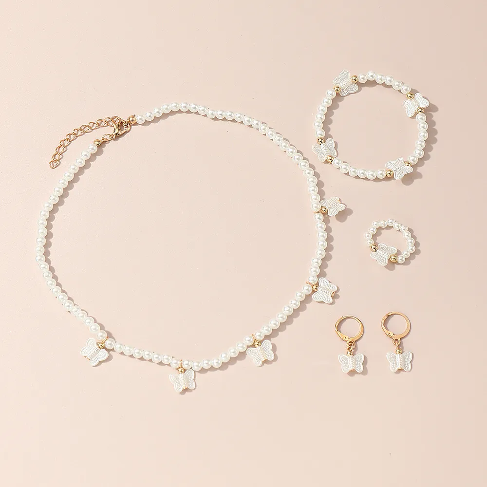 Kinder Perlenschmuck-Set, einschließlich Halskette, Armband, Ring, Ohrringe für Mädchen weiß big image 1