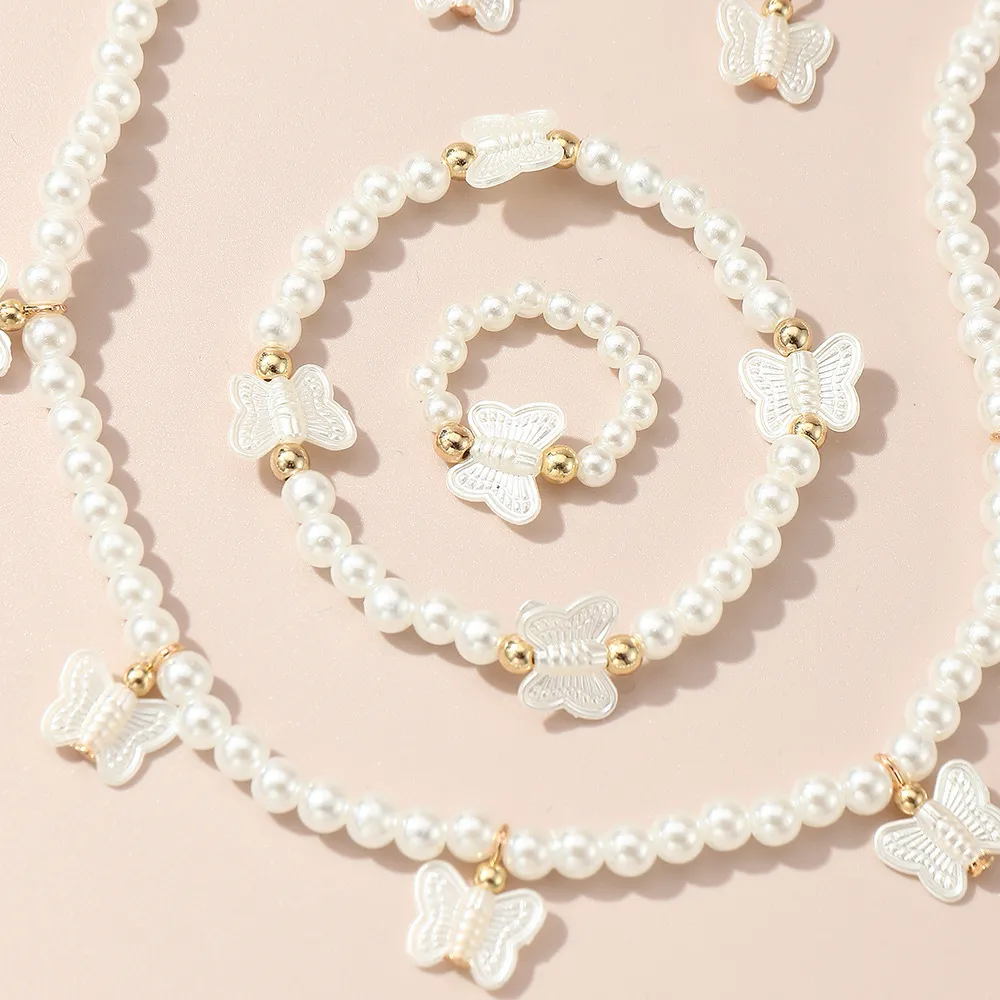 Kids Pearl jewelry set,  including necklace, bracelet, ring, earrings for Girl White image 4