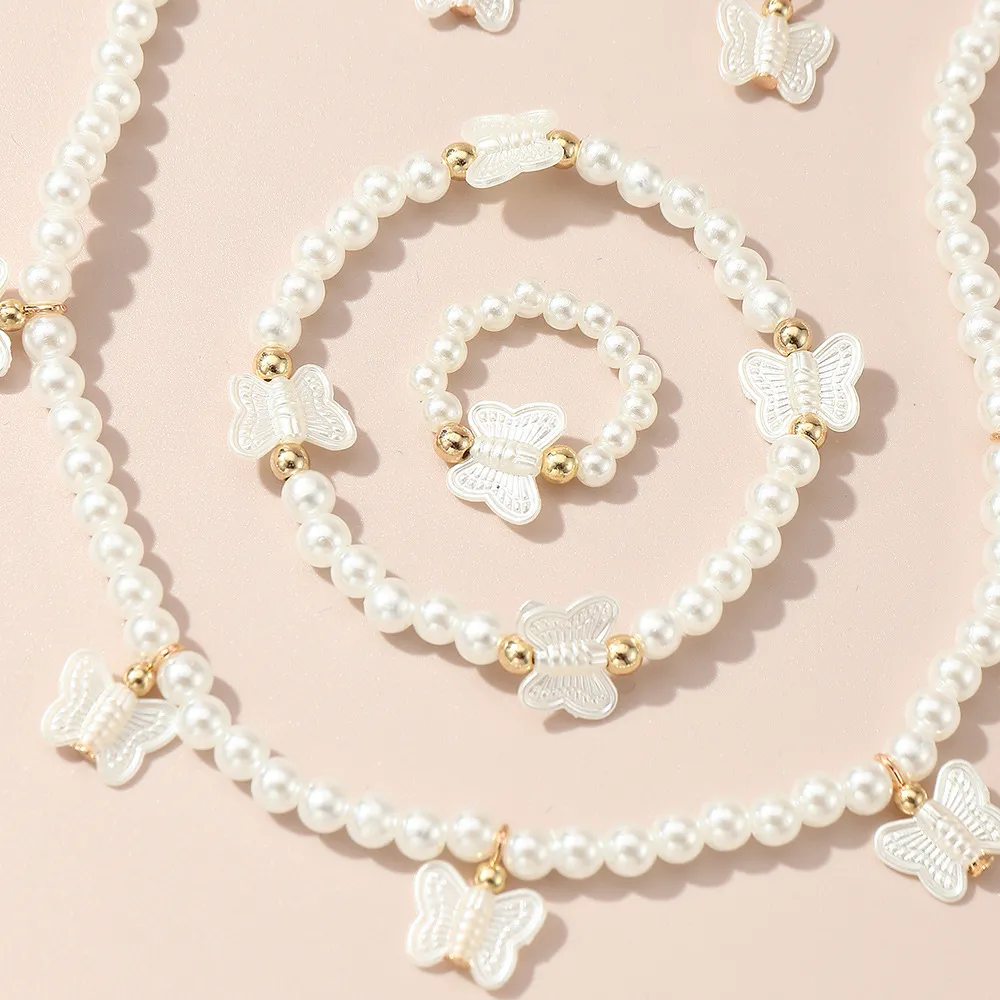 Conjunto de joyas de perlas para niños, incluyendo collar, pulsera, anillo, pendientes para niña Blanco big image 1