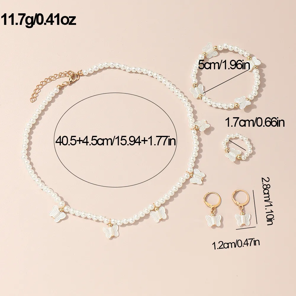 Kids Pearl jewelry set,  including necklace, bracelet, ring, earrings for Girl White image 5