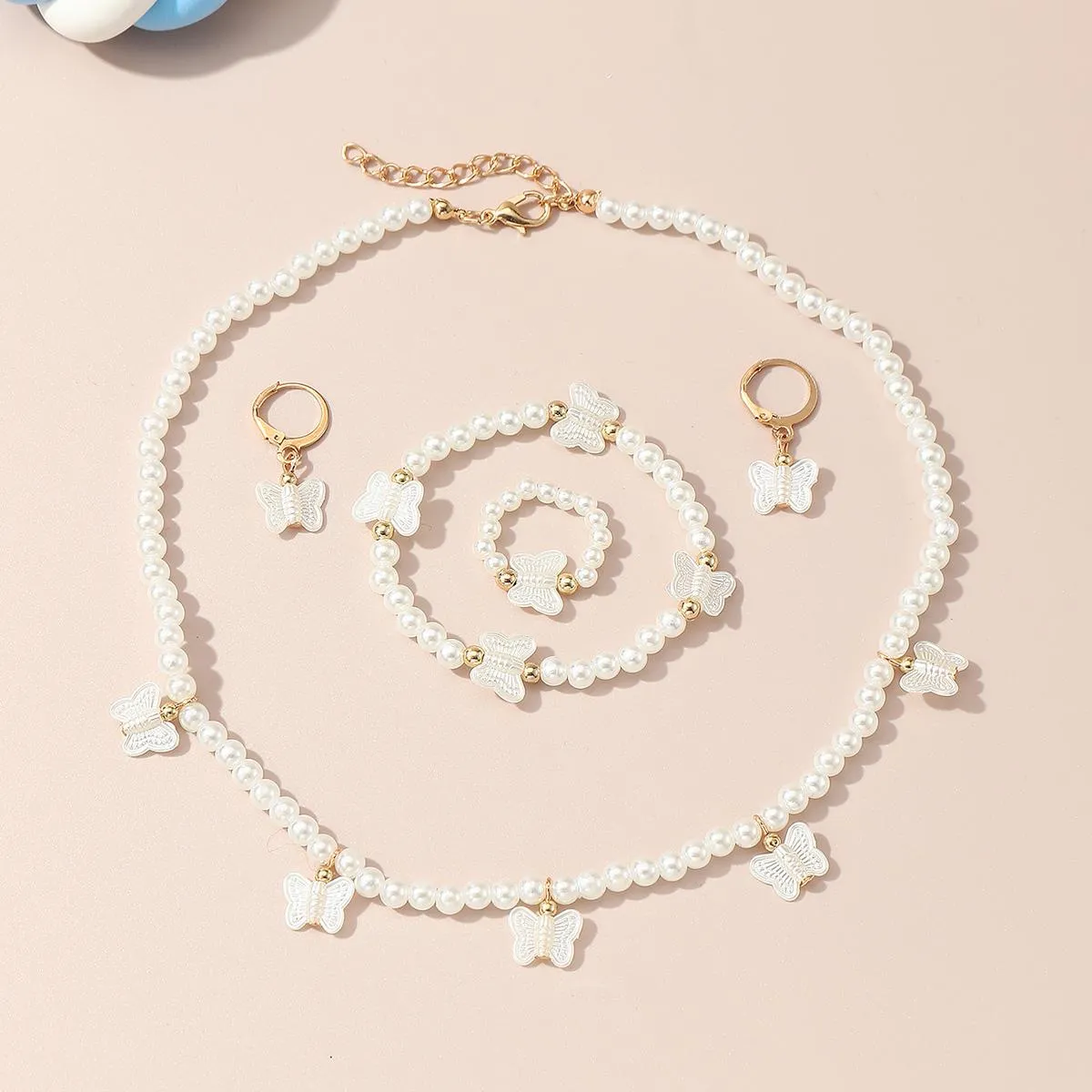 Conjunto de joias pérola para crianças, incluindo colar, pulseira, anel, brincos para menina Branco big image 1