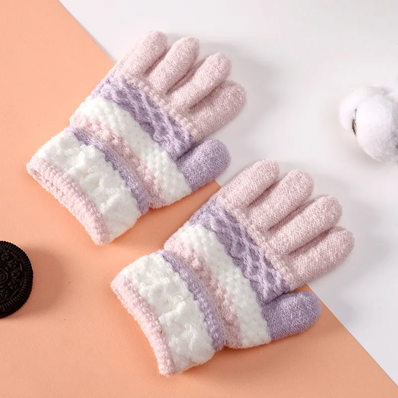Toddler/kids stripe points Winter Warm Knitted Gloves for Unisex Pink big image 1