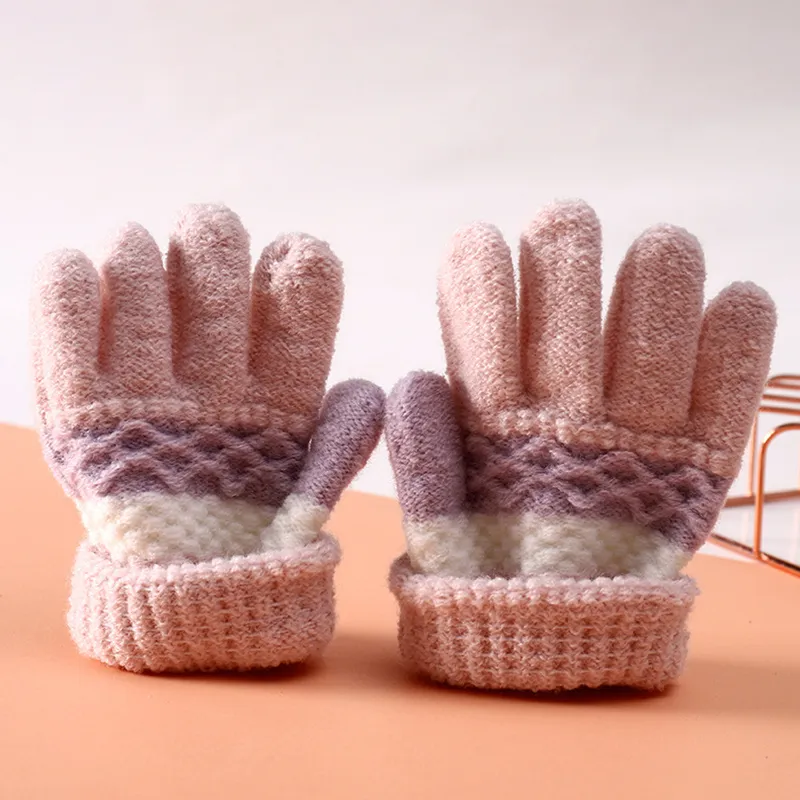 Toddler/kids stripe points Winter Warm Knitted Gloves for Unisex Pink big image 1