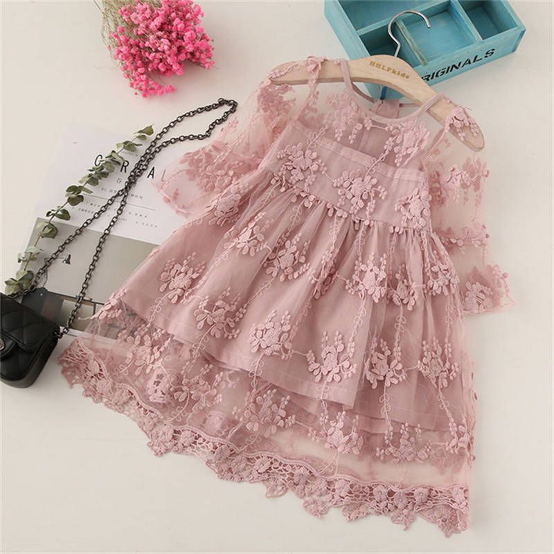 

Baby / Toddler Girl Pretty Solid Floral Lace Decor Long-sleeve Dresses