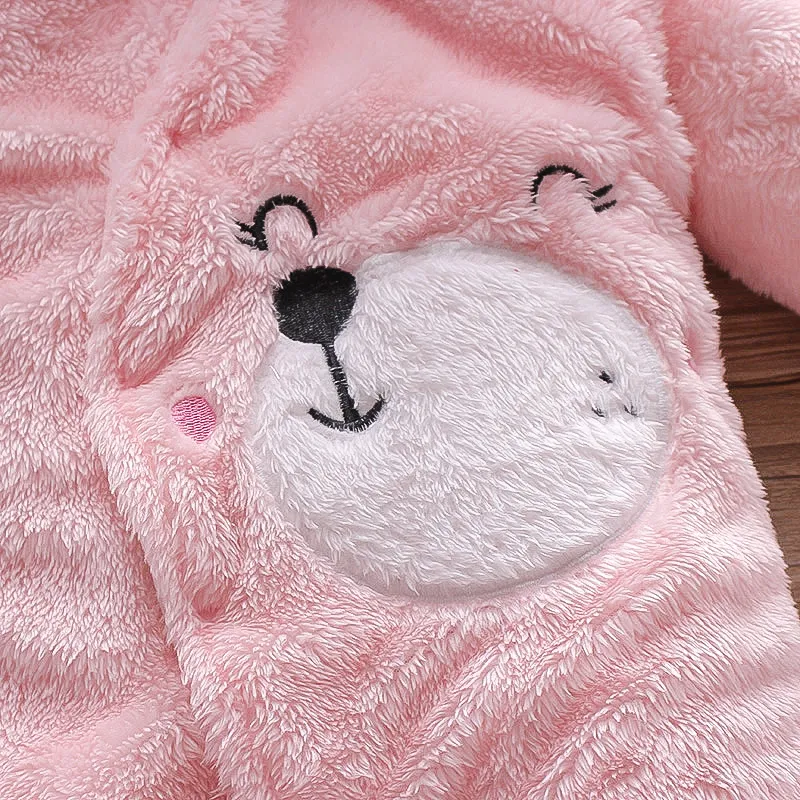 Bear Design Fleece Hooded Footed/footie Long-sleeve Baby Jumpsuit Pink big image 1