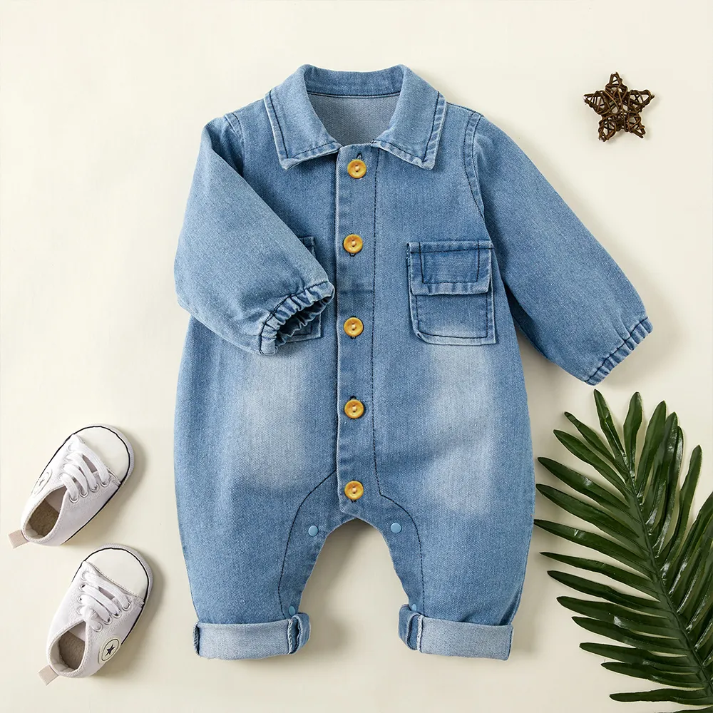 

Denim Giraffe Print Polo Collar Long-sleeve Baby Jumpsuit